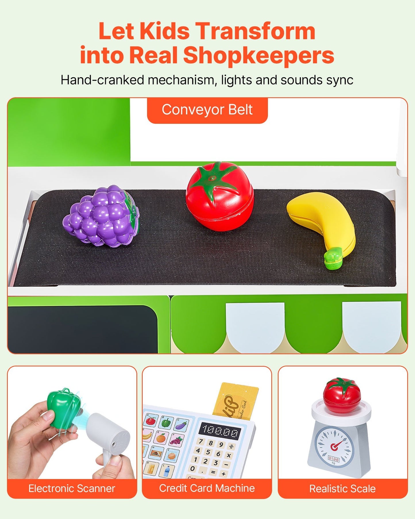 Wooden Kids Grocery Store Playset – Market Stand with Cash Register & Accessories