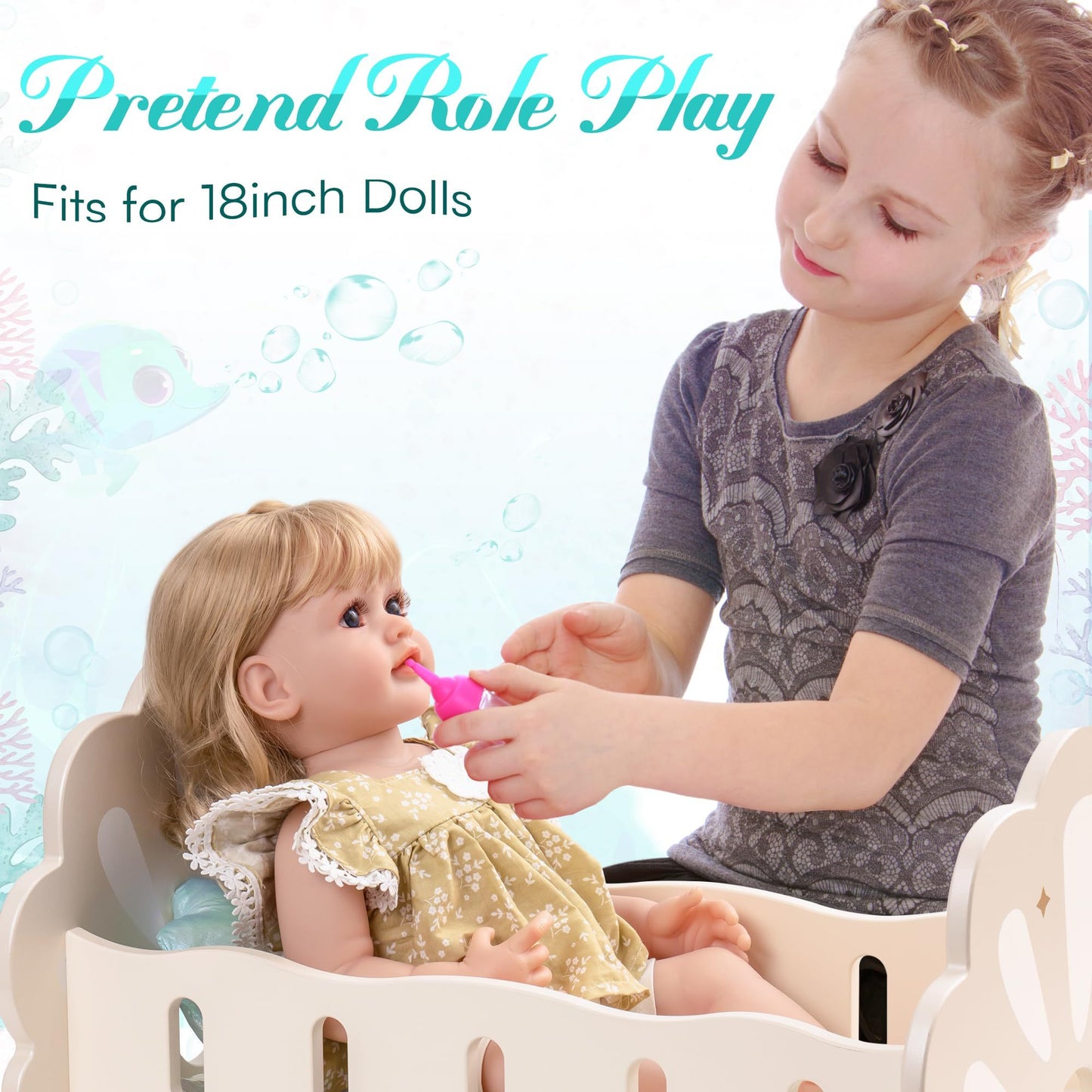 Baby Doll Crib, Baby Doll Bed, Doll Rocking Cradle Baby Doll Accessories Furniture With Bedding For 18 Inch Dolls