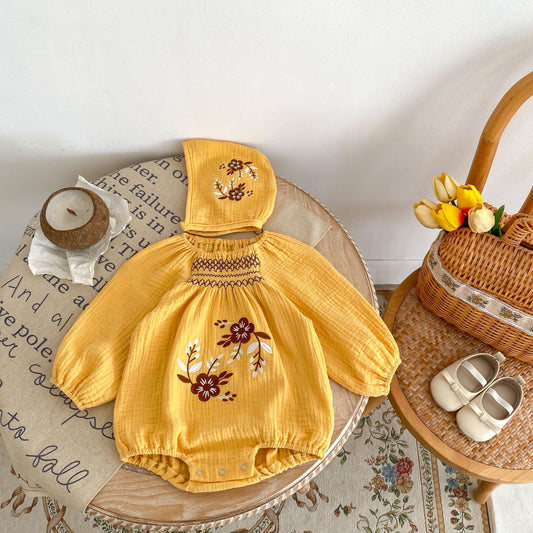 Double Wrinkle Cotton Long-Sleeve Jumpsuit Romper with Hat - Cozy and Stylish