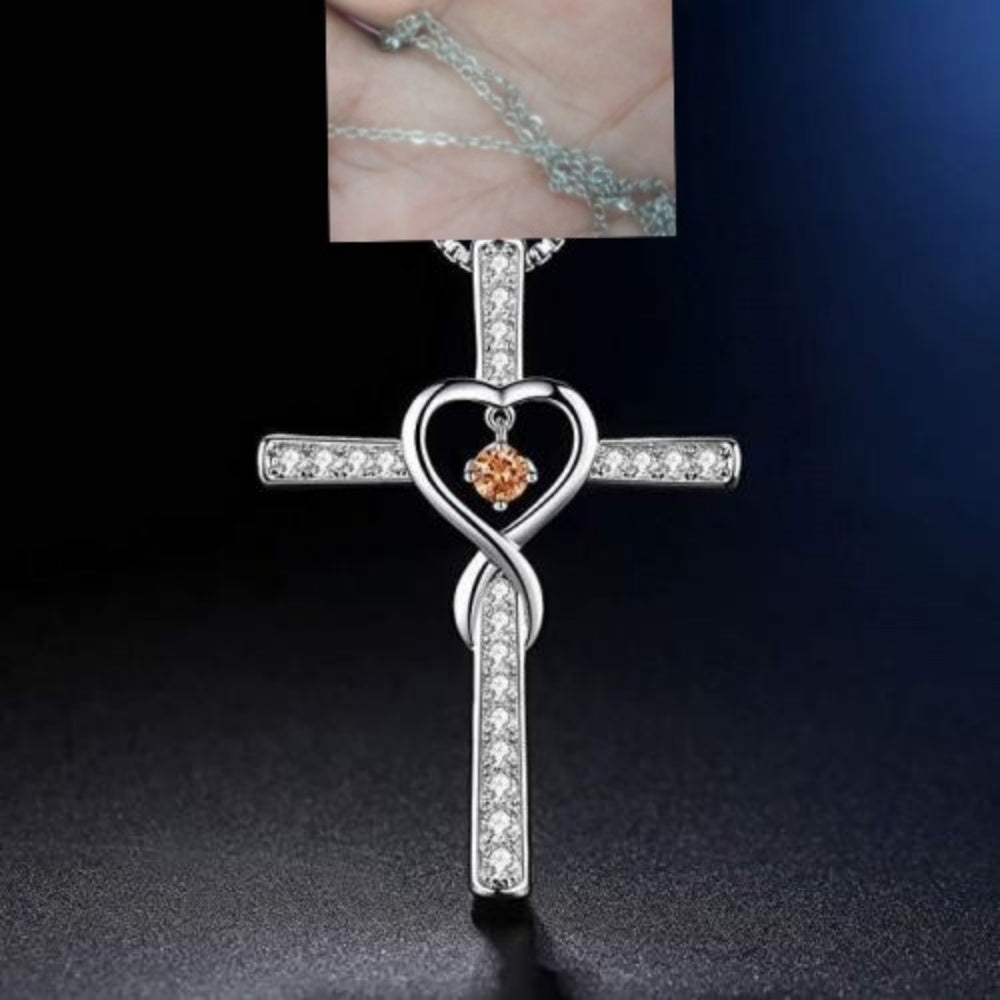 Infinity Love Cross Pendant Necklace – In God We Trust Christian Birthstone Heart Jewelry for Women with Crystal Zircon Gems