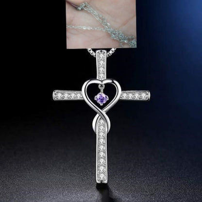 Infinity Love Cross Pendant Necklace – In God We Trust Christian Birthstone Heart Jewelry for Women with Crystal Zircon Gems
