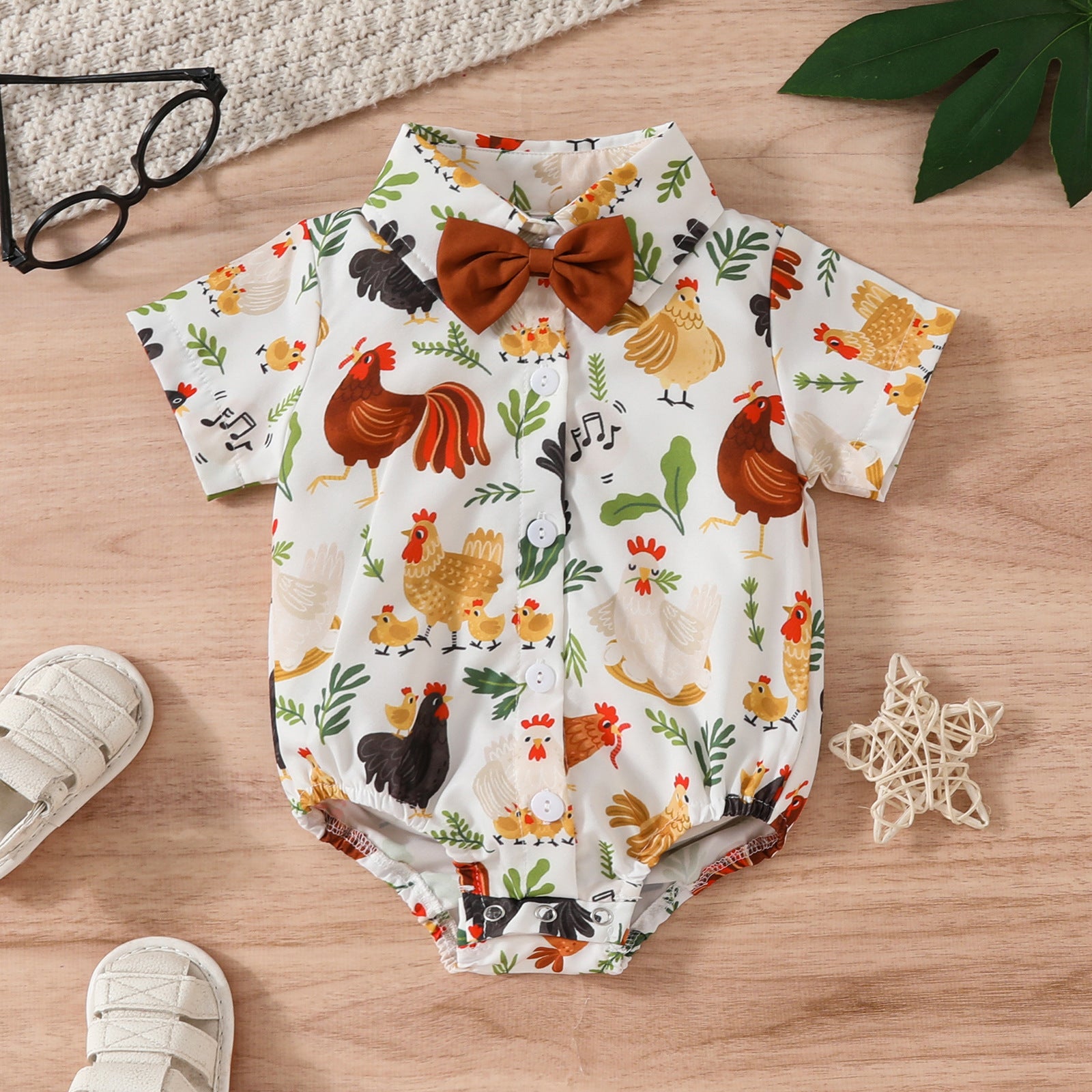 Printed Short Sleeve Lapel Bow Tie Jumpsuit: Stylish Infant Fashion