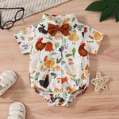 Printed Short Sleeve Lapel Bow Tie Jumpsuit: Stylish Infant Fashion