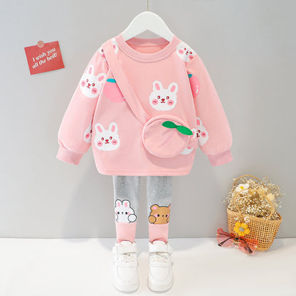 Baby Girl's Animal Printed Sling Bag Design Western Style Autumn Suit