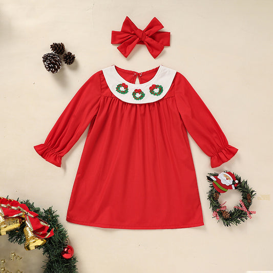 Baby & Toddler Girls Christmas Dress – Embroidered Christmas Wreath Party Dress with Matching Headband