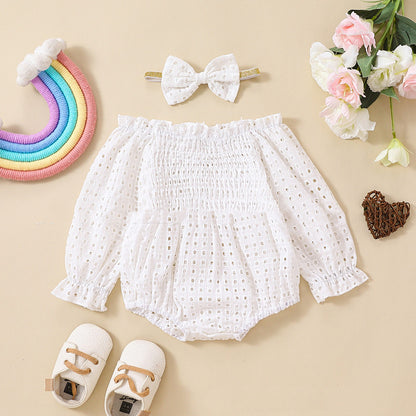 Baby Girl Cotton Mesh Smocked Off-Shoulder Long Sleeve Romper