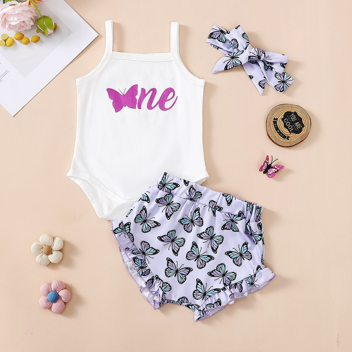 Adorable Baby Girl's Butterfly Printed Rompers Crawling Suit Two-Piece Set