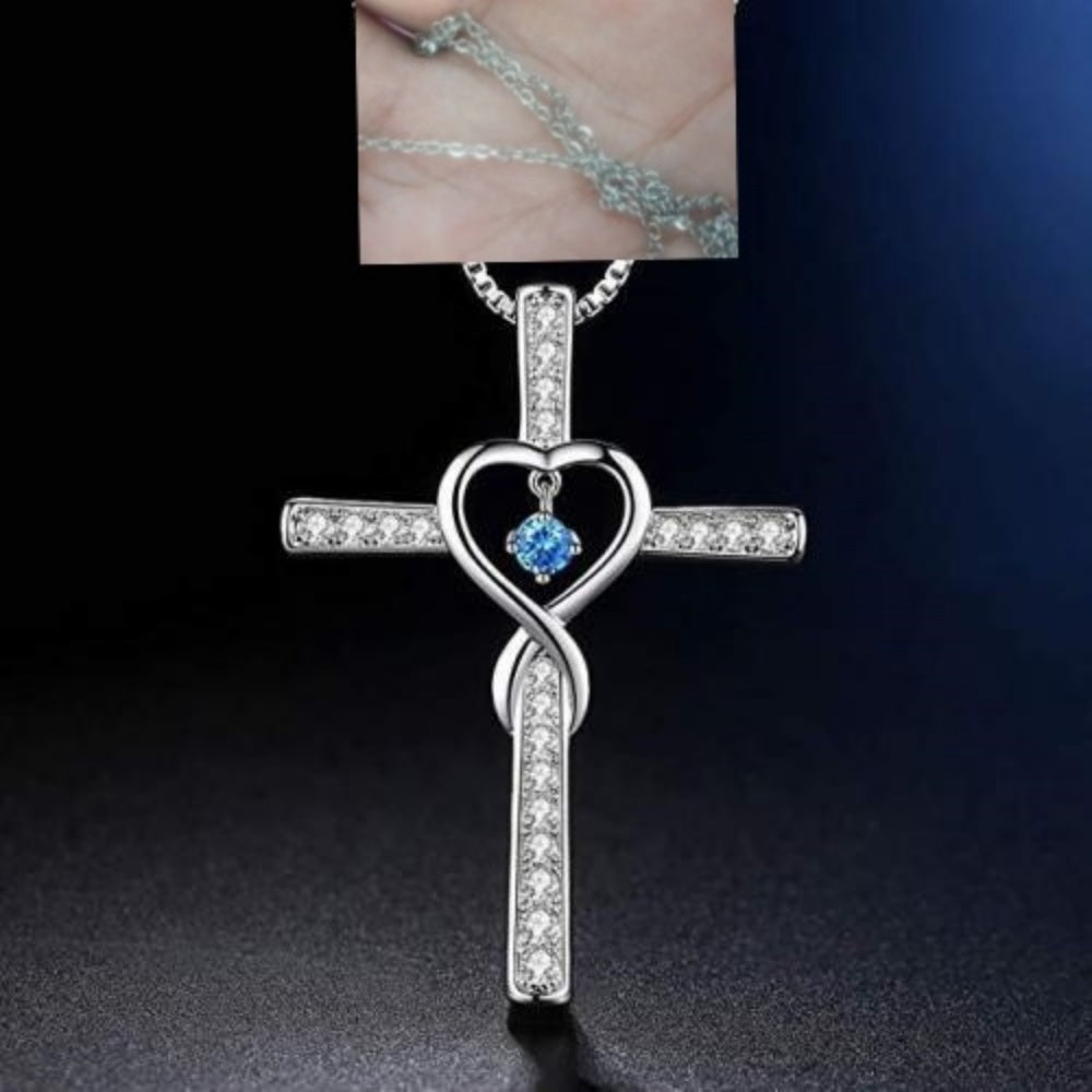 Infinity Love Cross Pendant Necklace – In God We Trust Christian Birthstone Heart Jewelry for Women with Crystal Zircon Gems