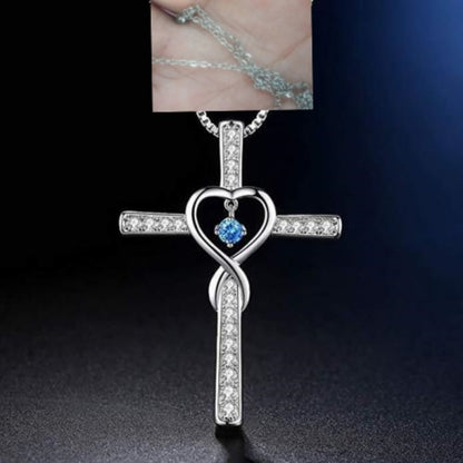 Infinity Love Cross Pendant Necklace – In God We Trust Christian Birthstone Heart Jewelry for Women with Crystal Zircon Gems