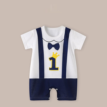 Cute Printed Baby Romper with Fake Suspender Design | Short Sleeve Newborn Outfit