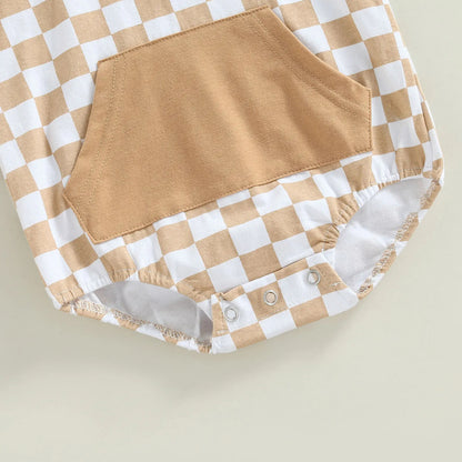 Chessboard Plaid Short Sleeve Hooded Romper: Stylish Comfort for Your Little One