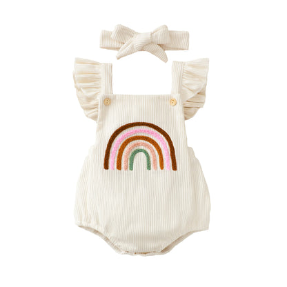 Embroidered Rainbow Neutral Baby Romper with Lace Sling Shoulder Strap And Head Band