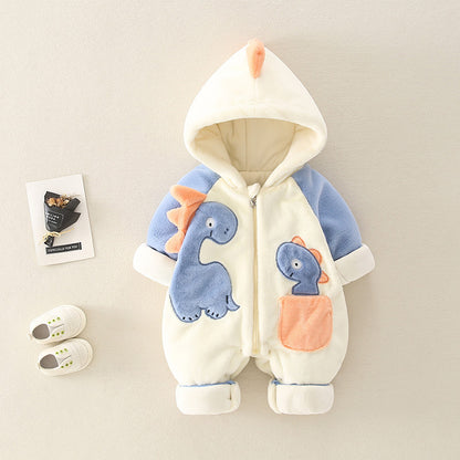 Newborn Baby Dino Fleece-Lined Thick Winter Jumpsuit