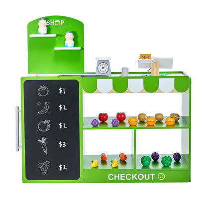 Wooden Kids Grocery Store Playset – Market Stand with Cash Register & Accessories