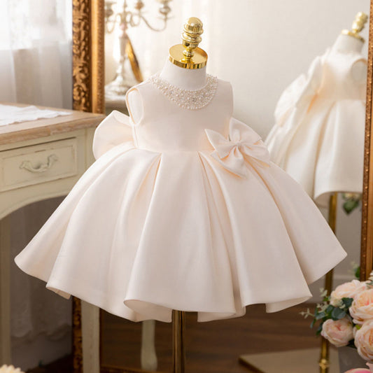 Adorable Pearl Round Neck Sleeveless Baby Gown with Bow Tie Front and Back: Perfect for Your Little One