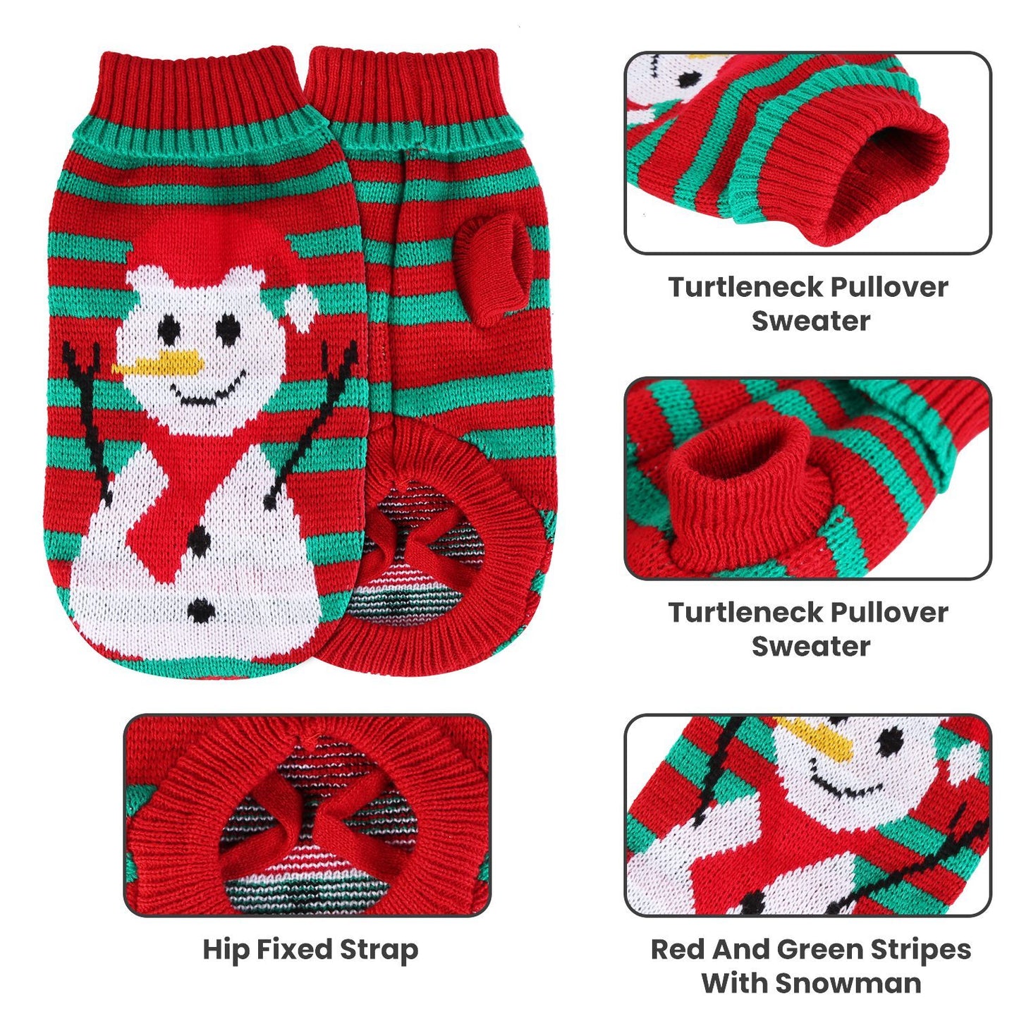 Pet Christmas Turtleneck Sweater | Snowman & Stripes Holiday Costume for Small Dogs & Cats