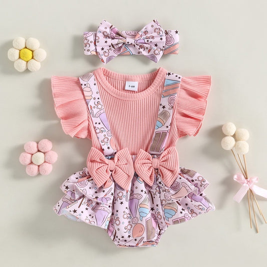 Baby Floral Ruffle Sleeve Bow Strap One-piece Romper