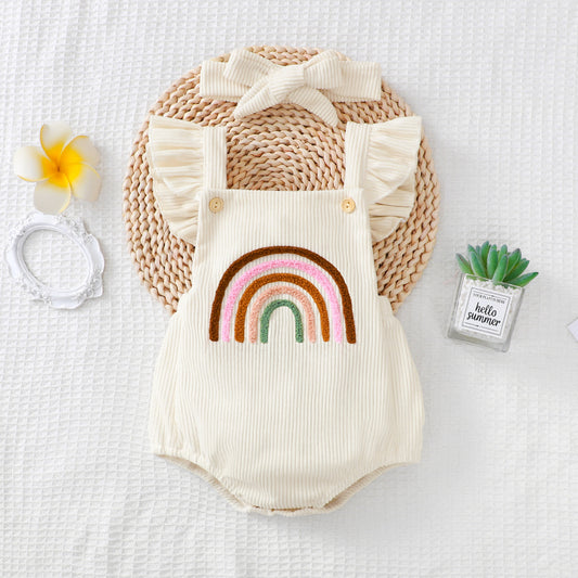 Embroidered Rainbow Neutral Baby Romper with Lace Sling Shoulder Strap And Head Band