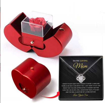 Red Apple Rose Jewelry Box with Necklace – Eternal Flower Gift for Girls, Valentine’s Day & Mother’s Day Romantic Gift