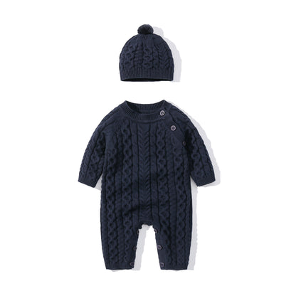 Autumn & Winter Knitted Long Sleeve Romper with Matching Knitted Hat for Babies