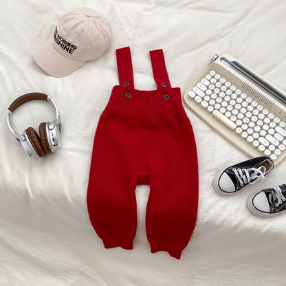 Solid Color Baby Autumn Knitted Suspender Jumpsuit Clothing
