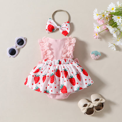 Adorable Infant Toddler Strawberry Print Bow Sleeveless Summer Romper
