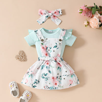 Baby Girl's Summer Short-sleeved Romper Wiot Suspender Skirt Floral Fruit Casual Skirt Suit