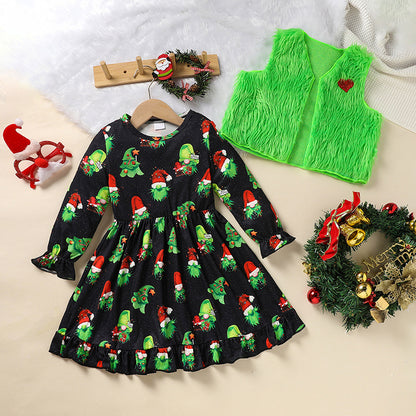 Toddler Kids Baby Girl Christmas Dress Outifts, Long Sleeves Cartoon Prints Party Dress With Heart Print Vest Coat Xmas Clothes Set
