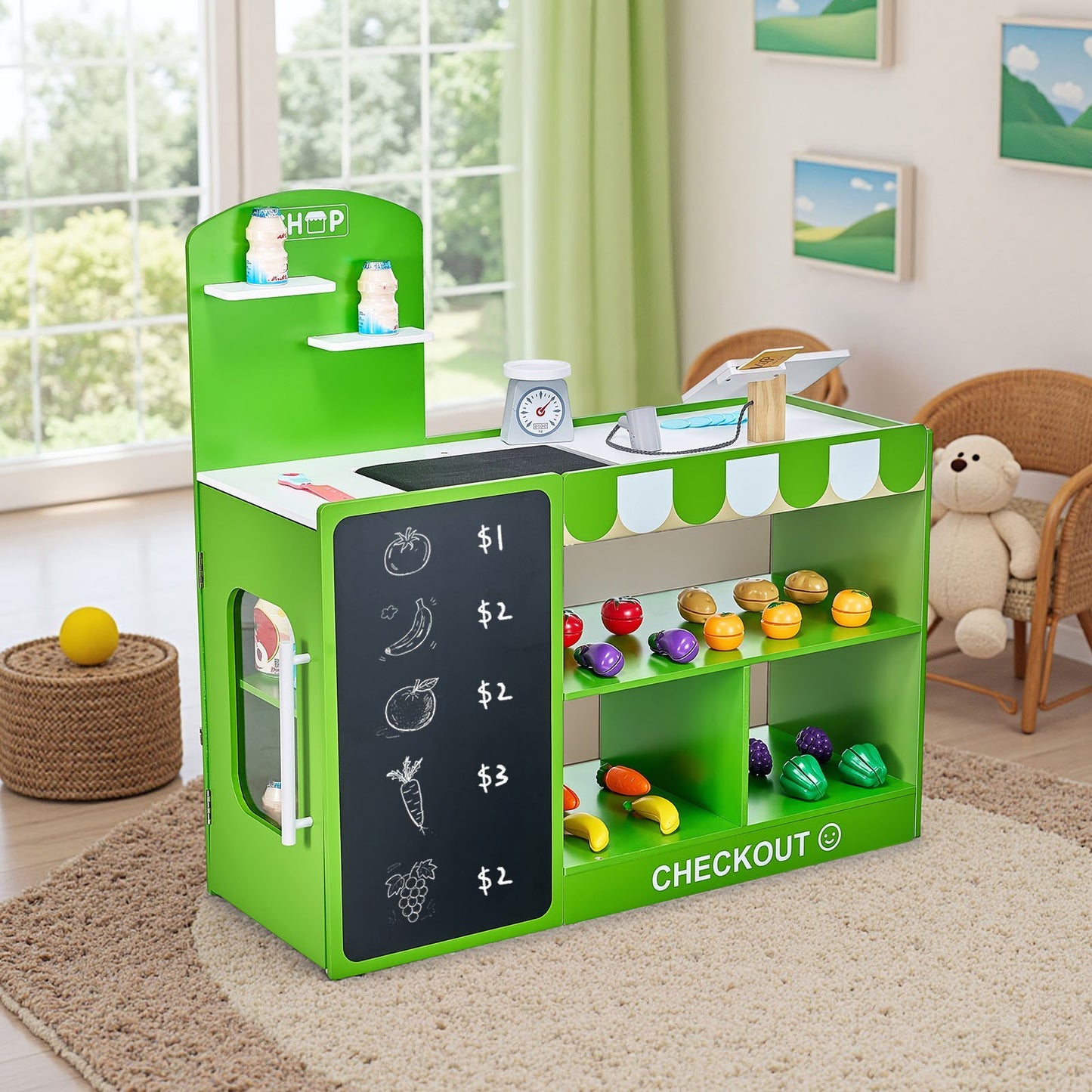 Wooden Kids Grocery Store Playset – Market Stand with Cash Register & Accessories