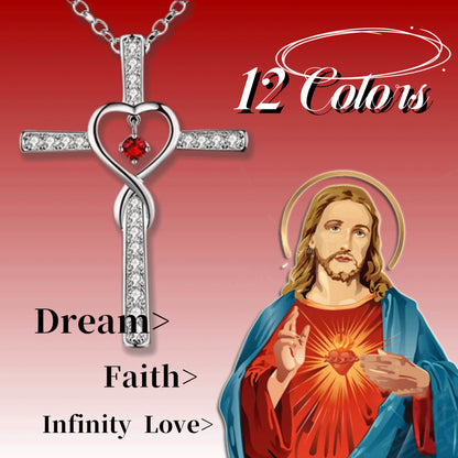 Infinity Love Cross Pendant Necklace – In God We Trust Christian Birthstone Heart Jewelry for Women with Crystal Zircon Gems