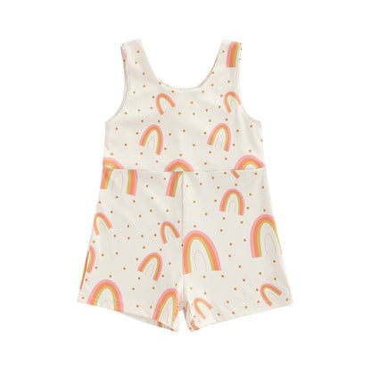 Colorful Sleeveless Printed Rainbow Sunken Stripe Flower Jumpsuit