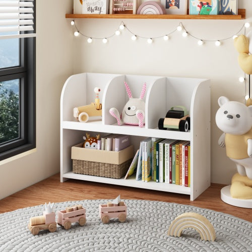 Kids Bookcase with 4 Compartments – Multi-Purpose MDF Storage Shelf with Wall Safety Buckle