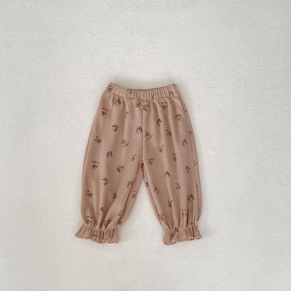 Baby Floral Waffle Print Elastic Cord Ankle-Tied Trousers