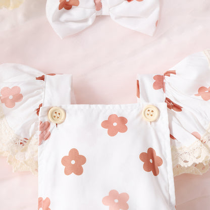 Adorable Baby Girl Lace Flounced Sleeve Printed Triangle Rompers