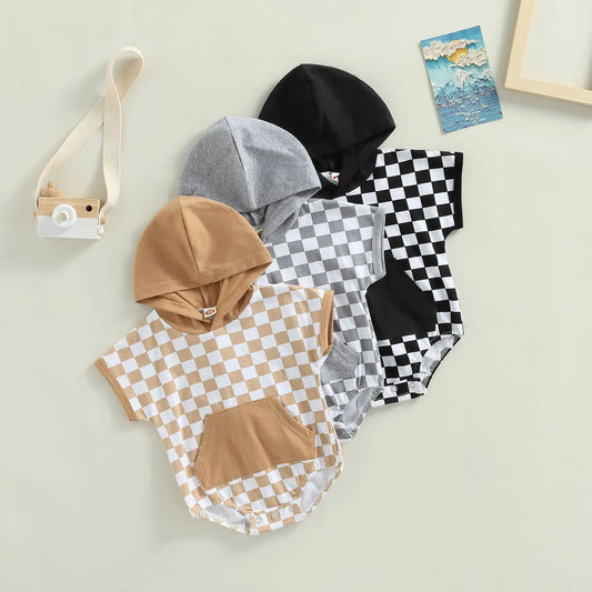 Chessboard Plaid Short Sleeve Hooded Romper: Stylish Comfort for Your Little One