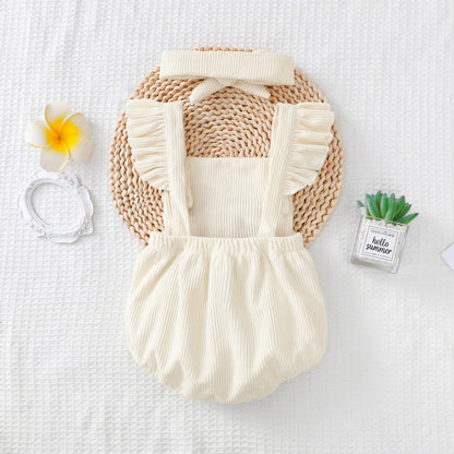 Embroidered Rainbow Neutral Baby Romper with Lace Sling Shoulder Strap And Head Band