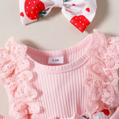 Adorable Infant Toddler Strawberry Print Bow Sleeveless Summer Romper