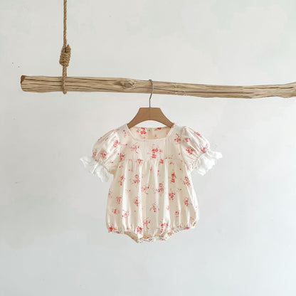 Discover Exquisite Elegance: Short Sleeve Triangle Romper with Foreign Style Floral Lace