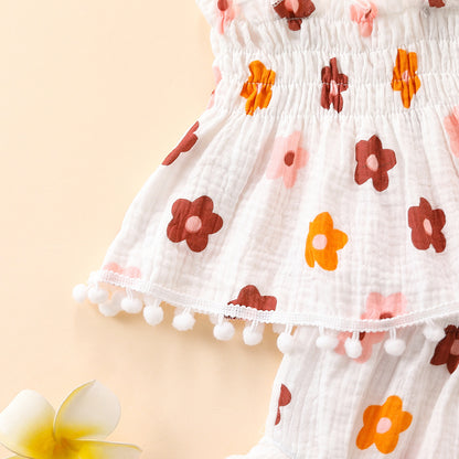 Adorable Baby Girl Flowers Sling Lace Skirt and Shorts Two-Piece Suit