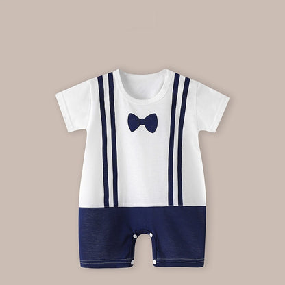 Cute Printed Baby Romper with Fake Suspender Design | Short Sleeve Newborn Outfit