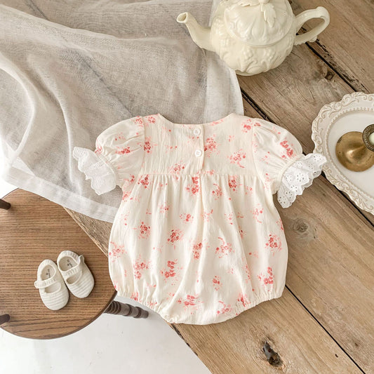 Discover Exquisite Elegance: Short Sleeve Triangle Romper with Foreign Style Floral Lace