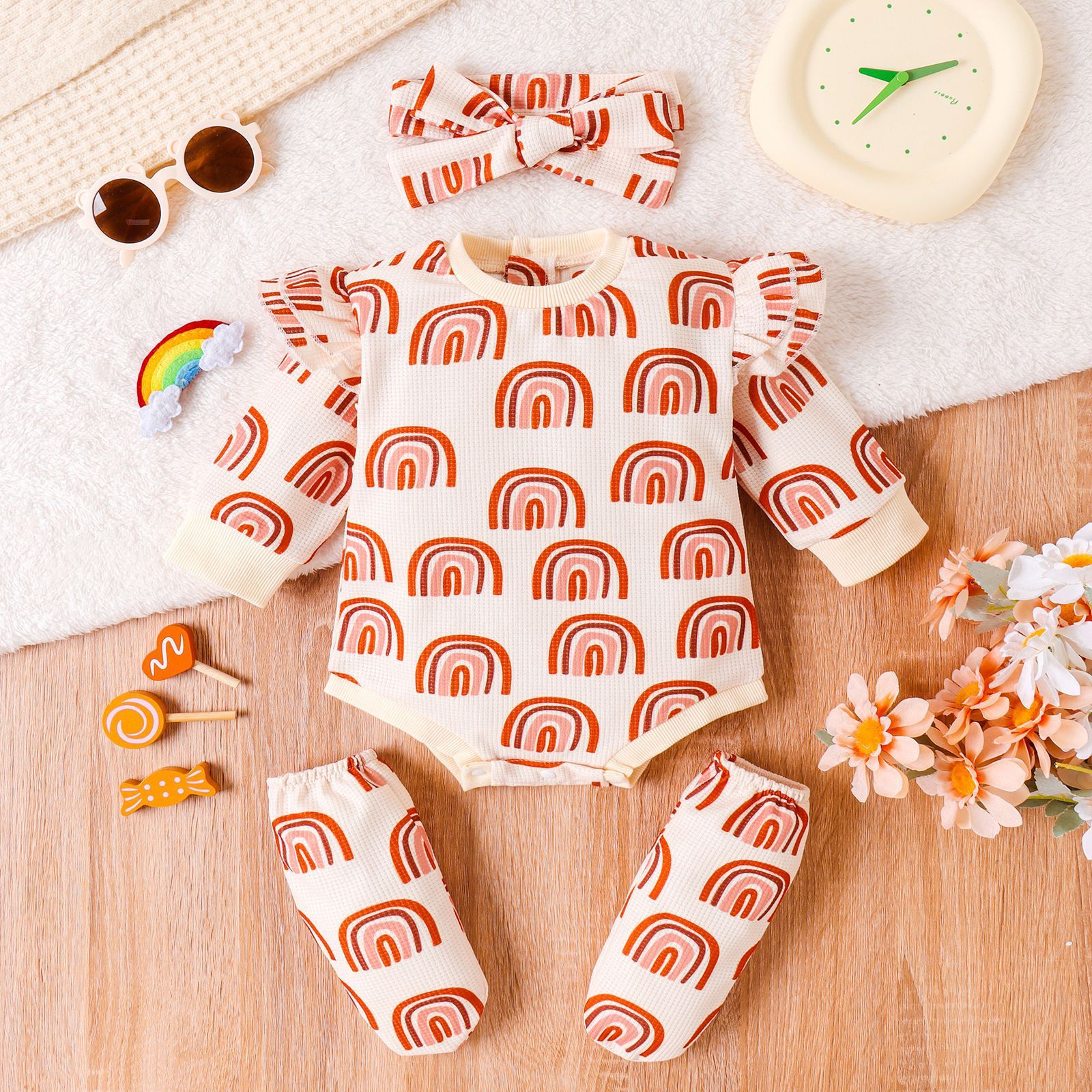 Colorful Children's Rainbow Printing Jumpsuit Suit with Headscarf and Booties - Three-piece Set