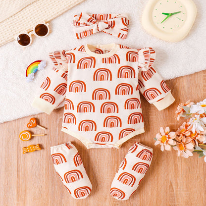 Colorful Children's Rainbow Printing Jumpsuit Suit with Headscarf and Booties - Three-piece Set