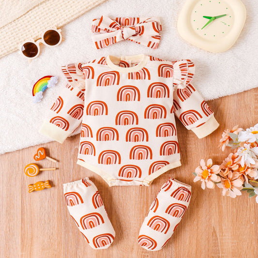 Colorful Children's Rainbow Printing Jumpsuit Suit with Headscarf and Booties - Three-piece Set
