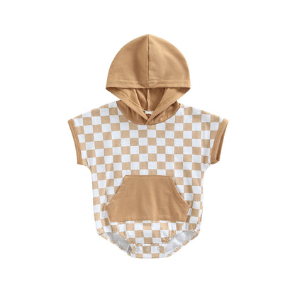 Chessboard Plaid Short Sleeve Hooded Romper: Stylish Comfort for Your Little One