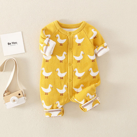 Duck Printed Double-Layer Knitted Baby Romper - Soft & Cozy Infant Outfit