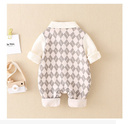Autumn Baby Collared Jumpsuit with Bear Patch | Adorable Printed Baby Clothes