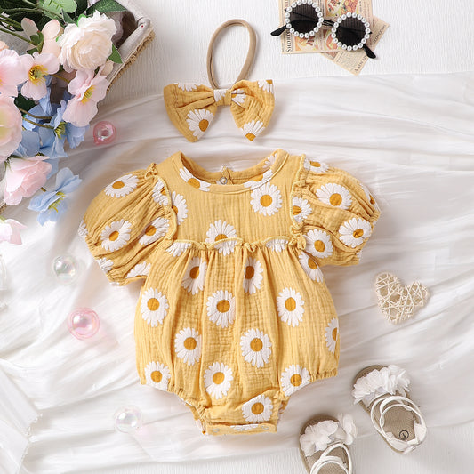Summer Baby Girl Floral Puff Sleeve Romper Set with Headband | Adorable Prints