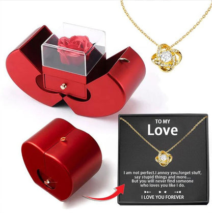 Red Apple Rose Jewelry Box with Necklace – Eternal Flower Gift for Girls, Valentine’s Day & Mother’s Day Romantic Gift