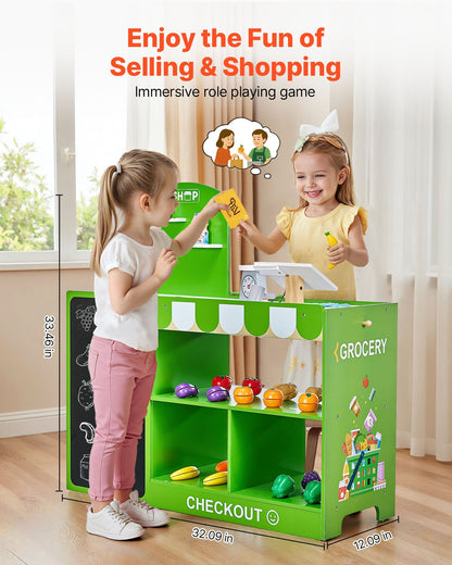 Wooden Kids Grocery Store Playset – Market Stand with Cash Register & Accessories